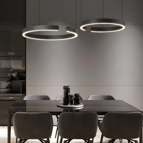 Briar Minimal Modern C-Shaped Pendant Lamp by Elayne Lights – Sleek aluminum pendant light with LED bulbs, dimmable feature, and polished finish. Best lamps and lighting in Singapore for contemporary decor.