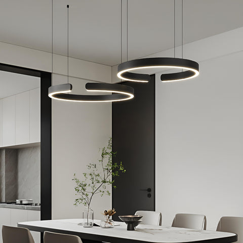 Briar Minimal Modern C-Shaped Pendant Lamp by Elayne Lights – Sleek aluminum pendant light with LED bulbs, dimmable feature, and polished finish. Best lamps and lighting in Singapore for contemporary decor.