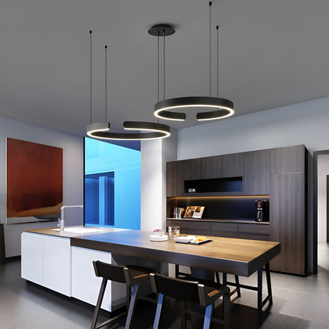 Briar Minimal Modern C-Shaped Pendant Lamp by Elayne Lights – Sleek aluminum pendant light with LED bulbs, dimmable feature, and polished finish. Best lamps and lighting in Singapore for contemporary decor.